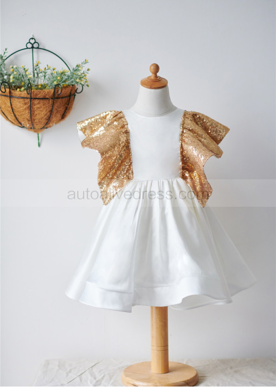 Ivory Satin Gold Sequin V Back Fashion Flower Girl Dress